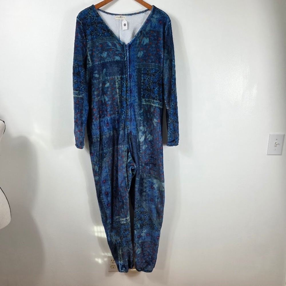 Natural Life Onesie  L Women Soft Warm Fleece Patchwork‎ Floral Blue Loungewear